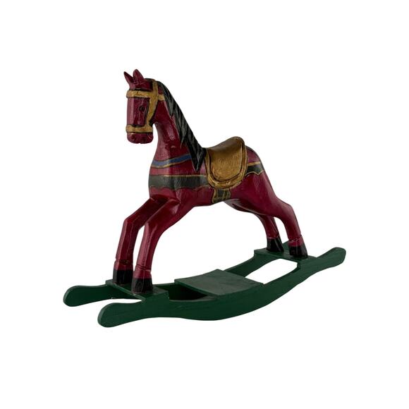 Vintage Hand Carved Wooden Rocking Horse Folk Art Red Gold Green Decor - Picture 8 of 12